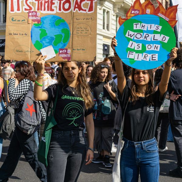 a group of young people holding up climate protest signs in the street.