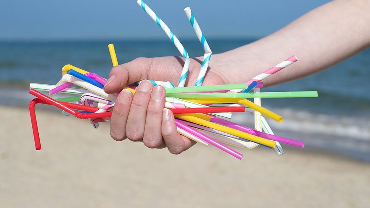 A hand holding plastic straws found on a beach