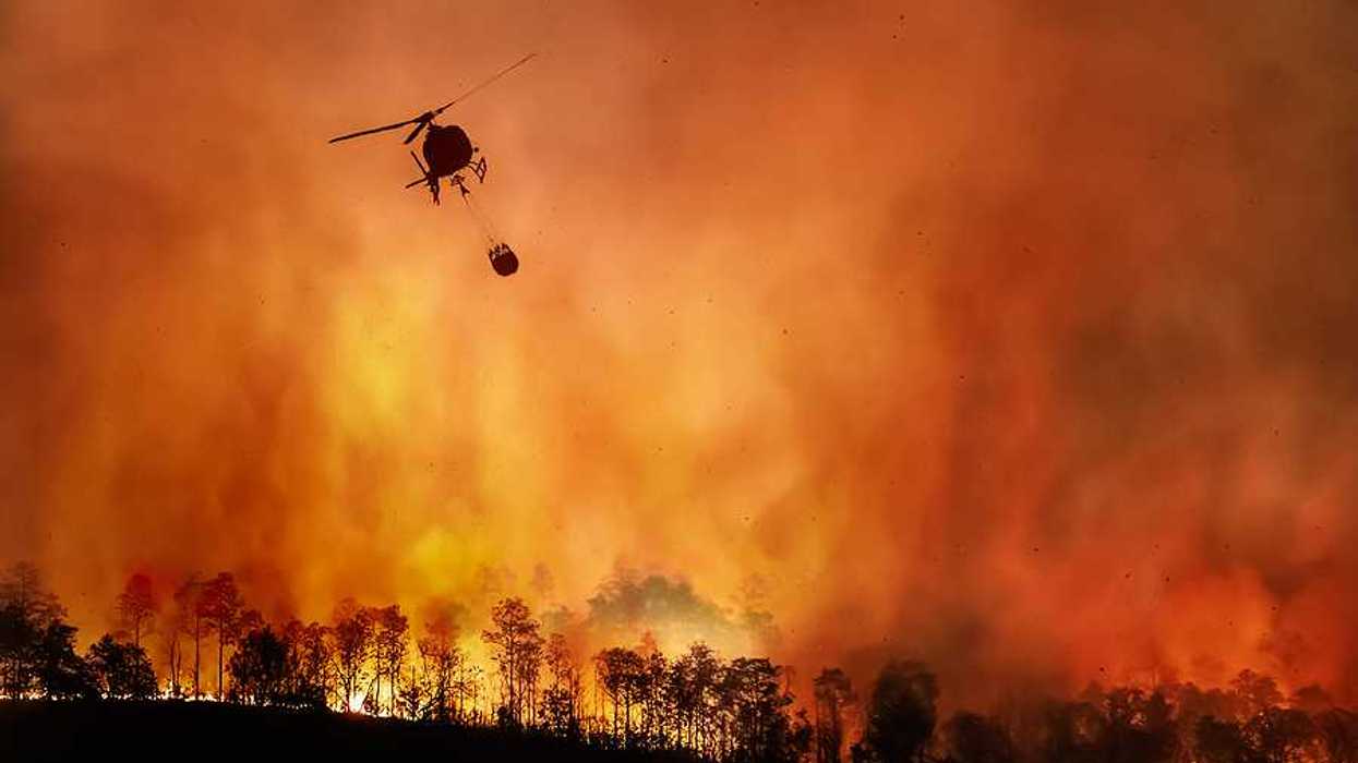 A helicopter dropping water onto a wildfire with burning trees in the background