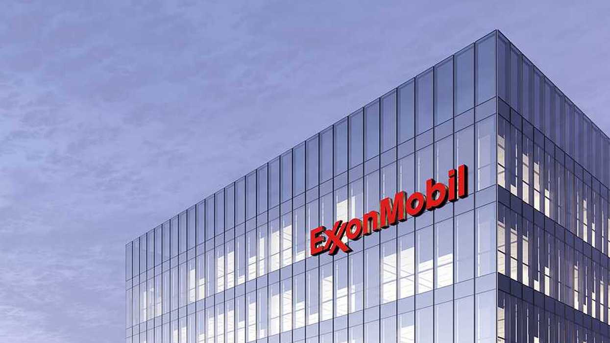 A large office building with the words ExxonMobil on the side