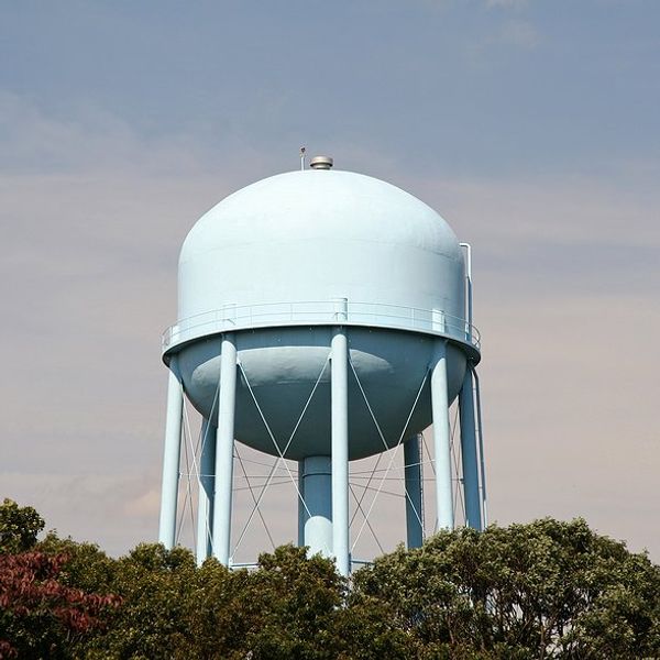 A light blue water tower rising above green trees