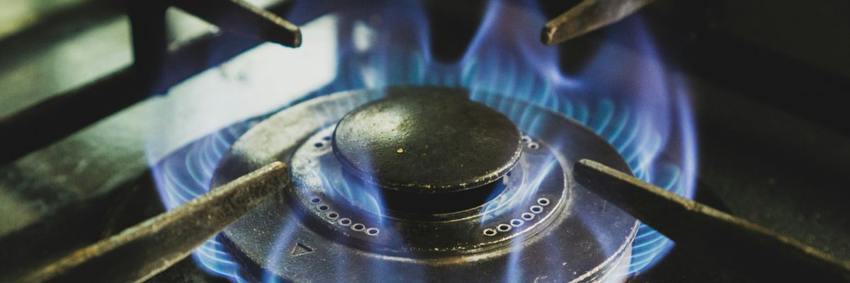 A lit gas stove