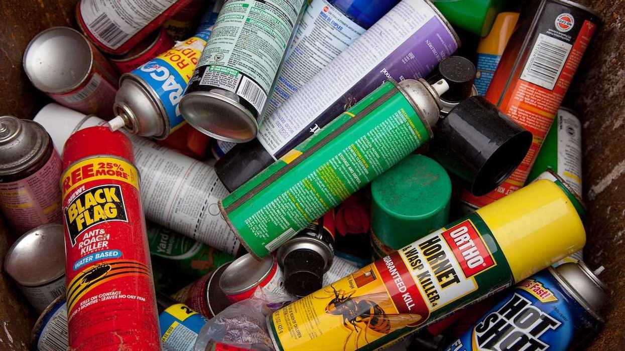 A load of bug spray aerosols lying in a heap at a recycling facility, awaiting processing and recycling