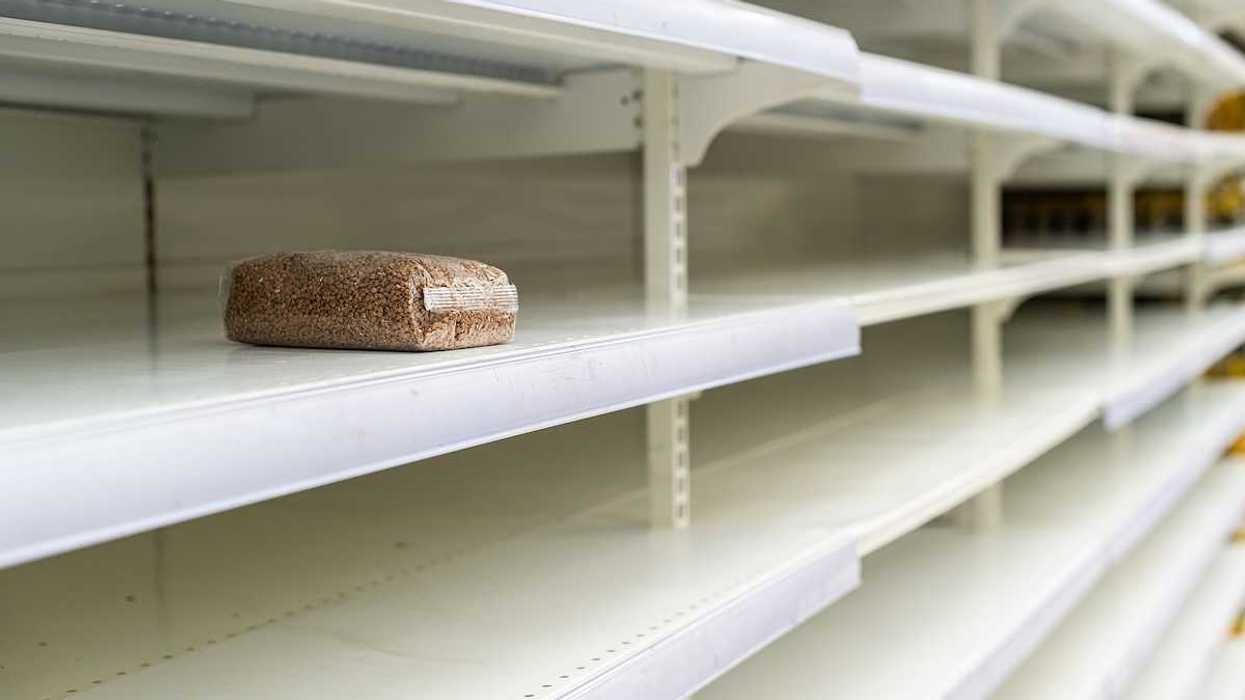 A lone package of grain on otherwise empty supermarket shelves
