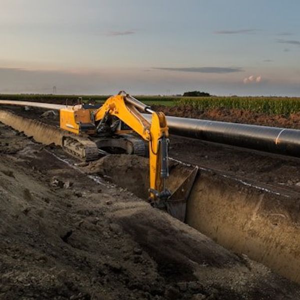 A machine digging a trench for a pipeline alongside an agricultural field.
