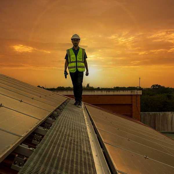 A maintenance worker walking along a solar panel with the sun in the background