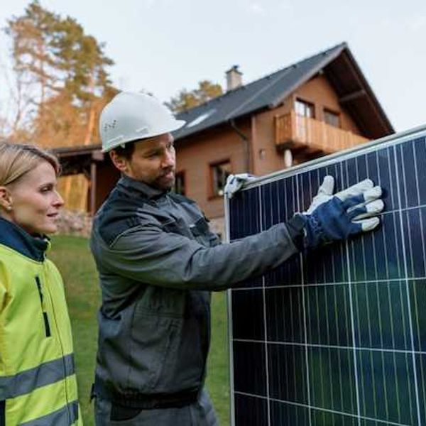 A man and woman inspecting a solar panel