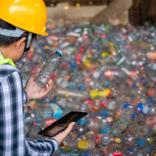 A man in a hard hat and neon vest, analyzing a plastic bottle in front of a large pile of them
