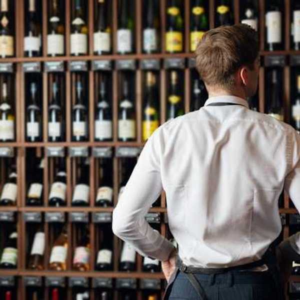 A man in a white shirt looking at a wall of wine bottles