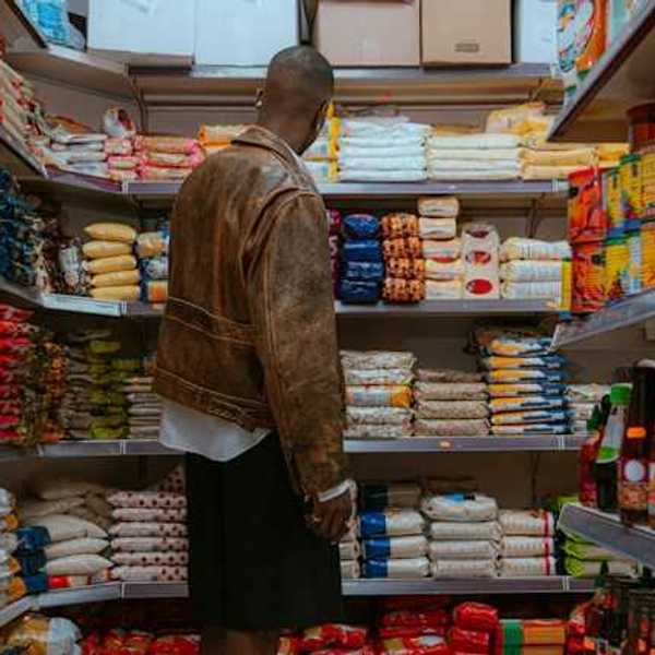 A man looking at a shelf full of food in a grocery store