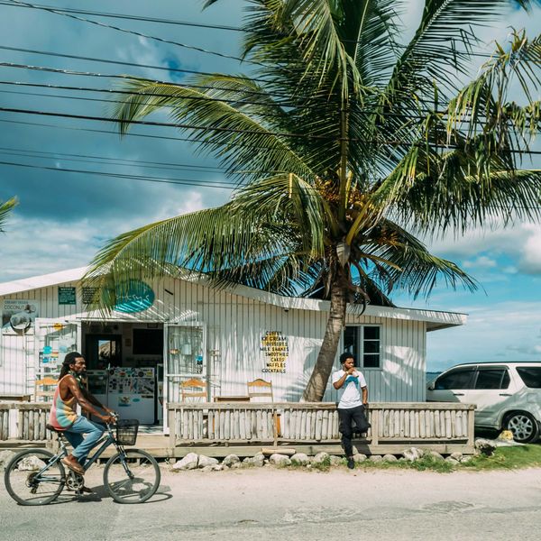 A man of African descent wearing a tank top riding bicycle in front of white building near palm tree during daytime.
