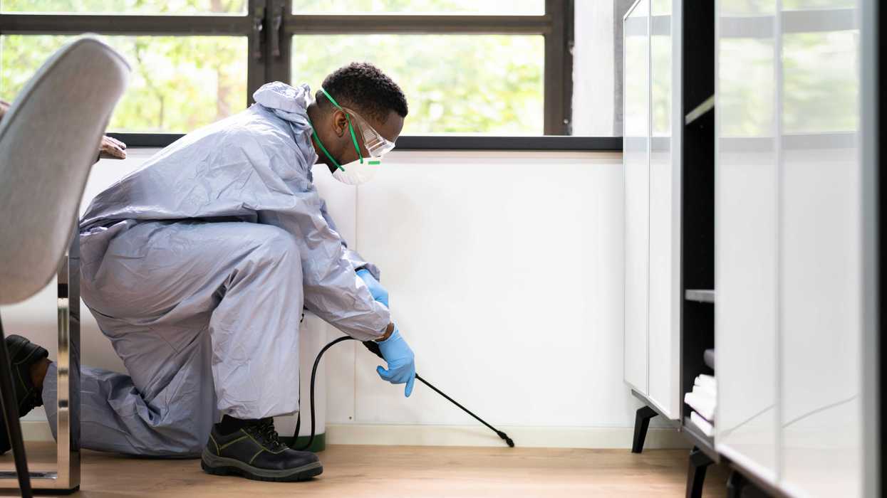 A man sprays pesticides around a home