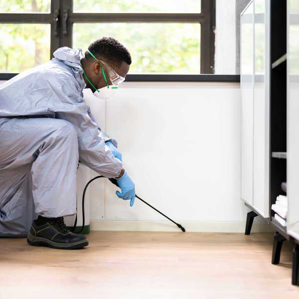 A man sprays pesticides around a home