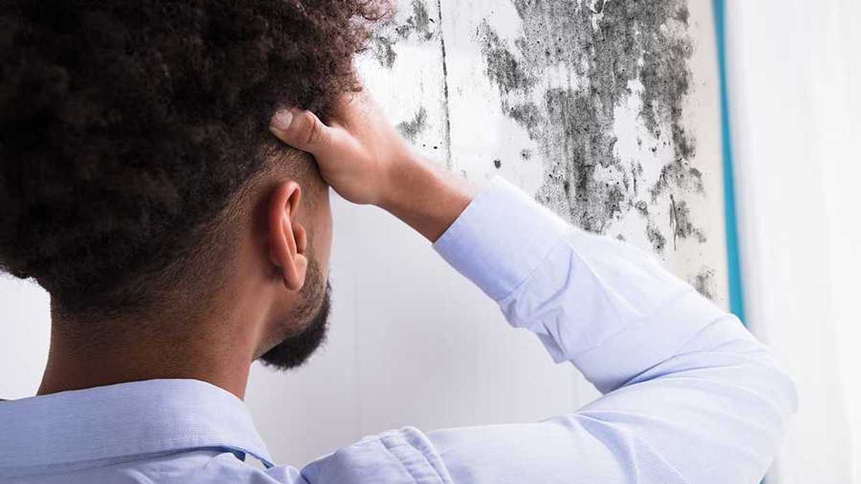 A man standing with his hand to his forehead looking at a wall with a black substance on it