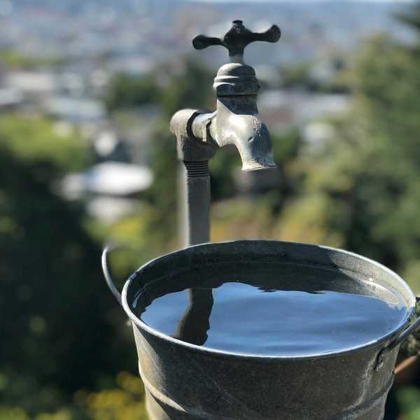A metal bucket filled with water beneath a faucet.