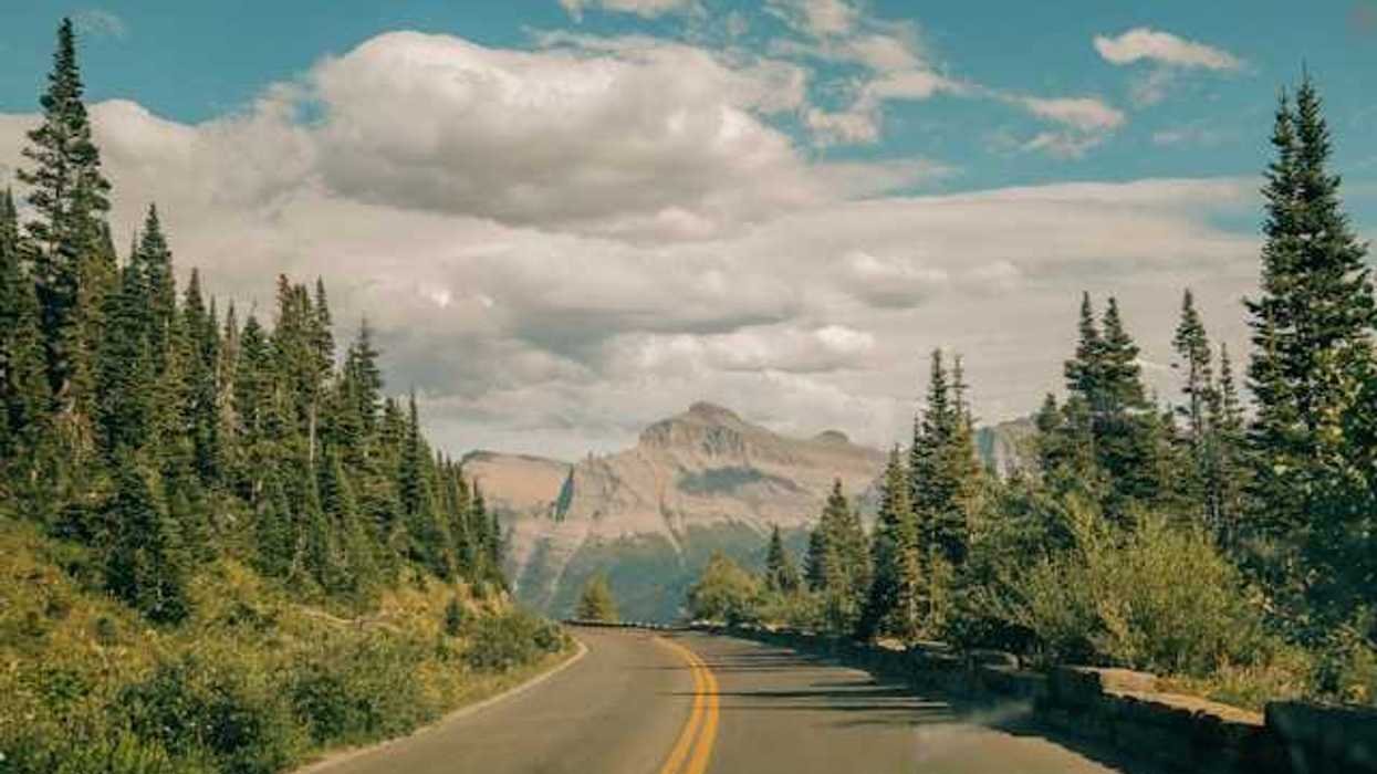 A mountain highway winding through a forest toward mountains in the background