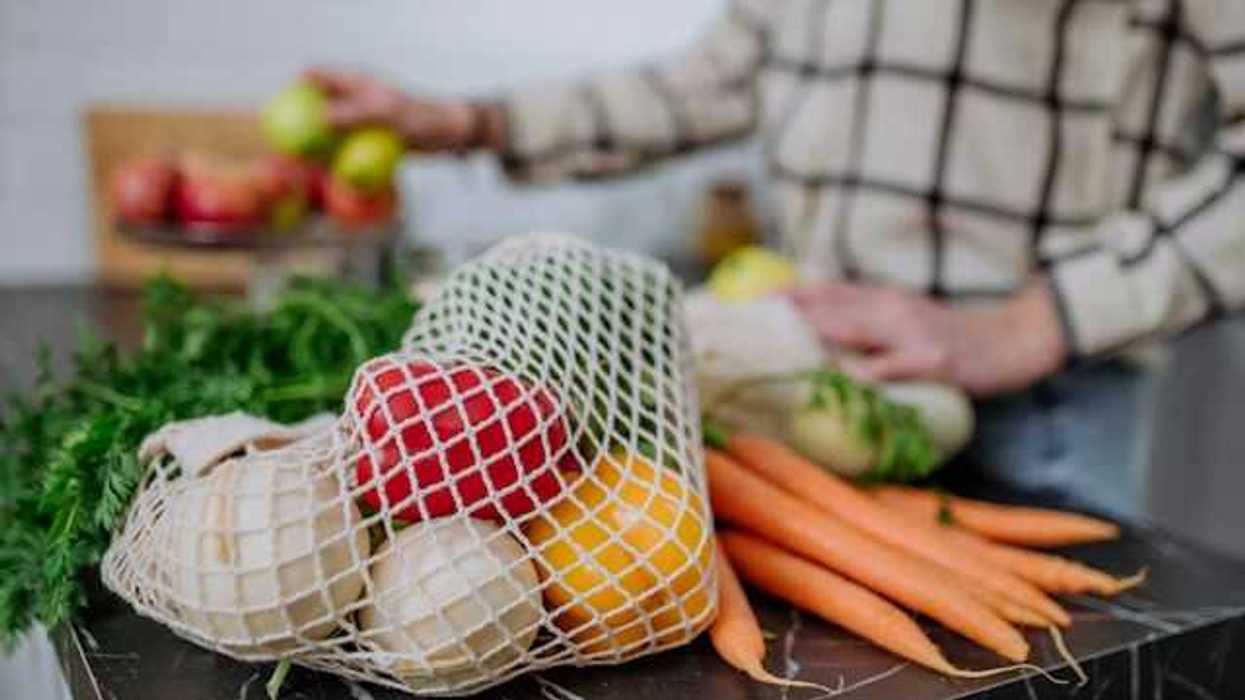 A net bag filled with fruits and vegetables