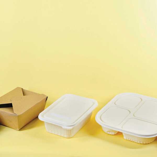 a person holding a box and two plastic take out containers.