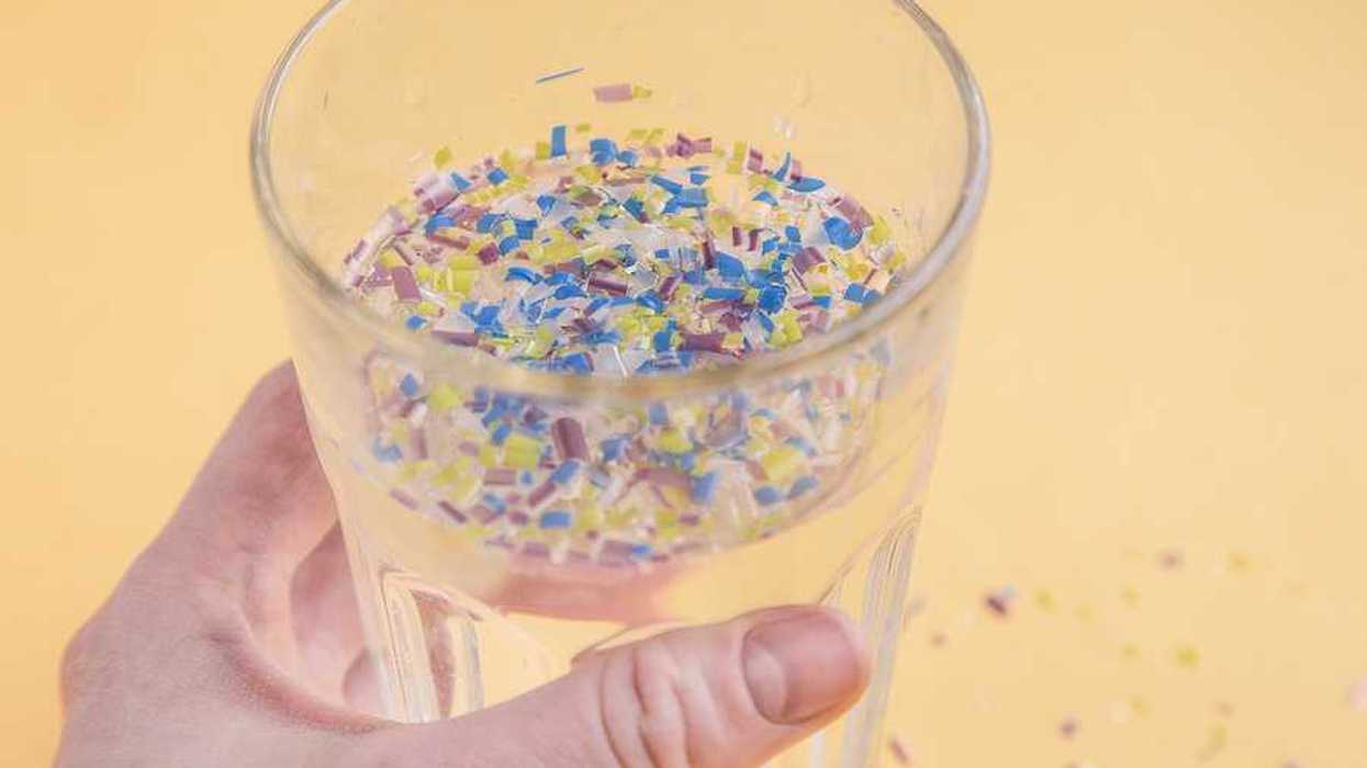 A person holding a glass of water filled with small pieces of plastic