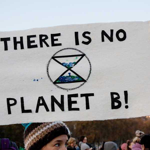 A person holding a sign at a protest saying "There is no planet B!"