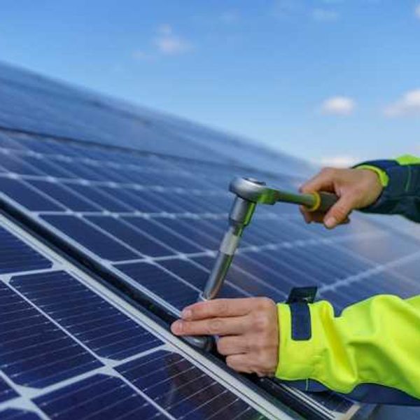 A person installing solar panels on a rooftop
