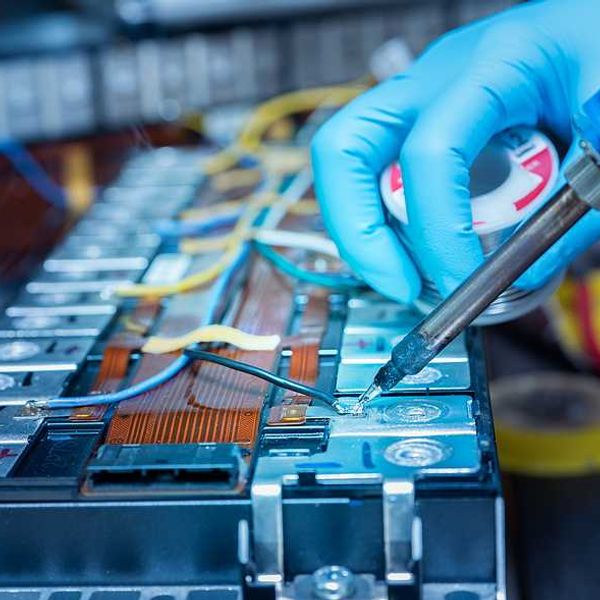 A person wearing blue gloves soldering wire onto a lithium-ion battery