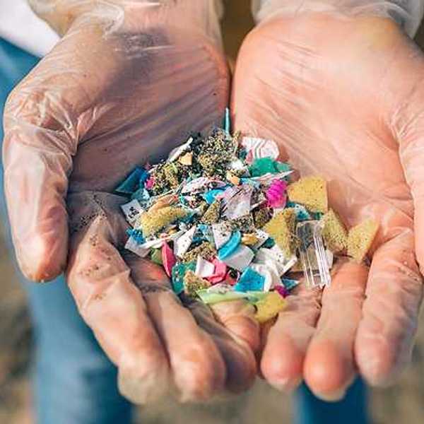A person wearing gloves holding small pieces of plastic waste