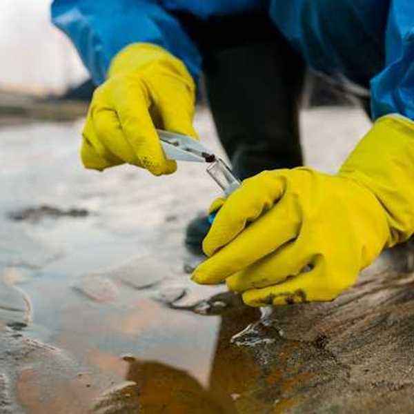 A person wearing yellow rubber gloves collecting a sample from a puddle
