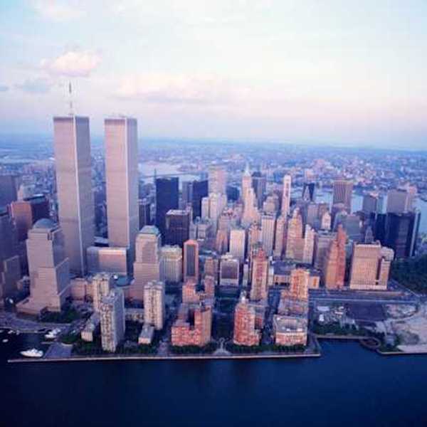 A photo of New York City with the twin towers in place