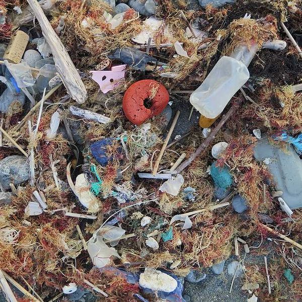 A pile of trash on a beach