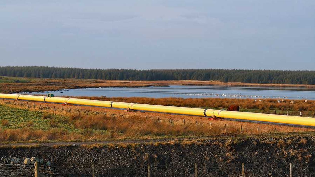 A pipeline stretching across a wetlands area with a lake in the background