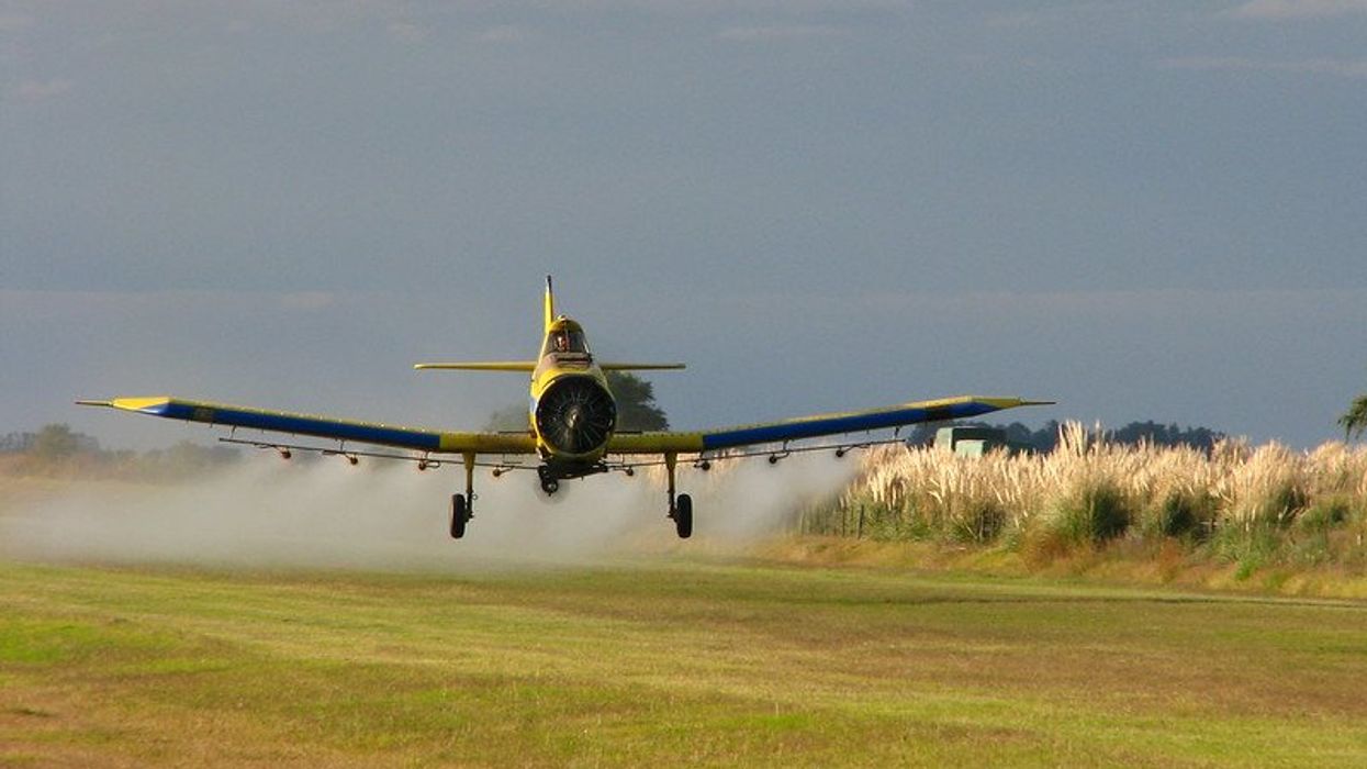 A plane sprays a field with pesticides
