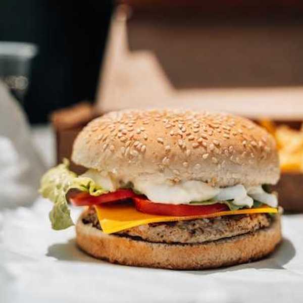A plant-based burger on paper packaging with french fries in the background