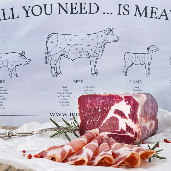 A poster that says All You Need is Meat with a plate of meat in front of it