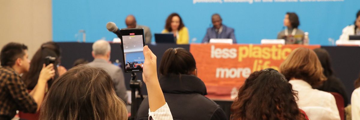 a press briefing at the INC-5 global plastic treaty in South Korea