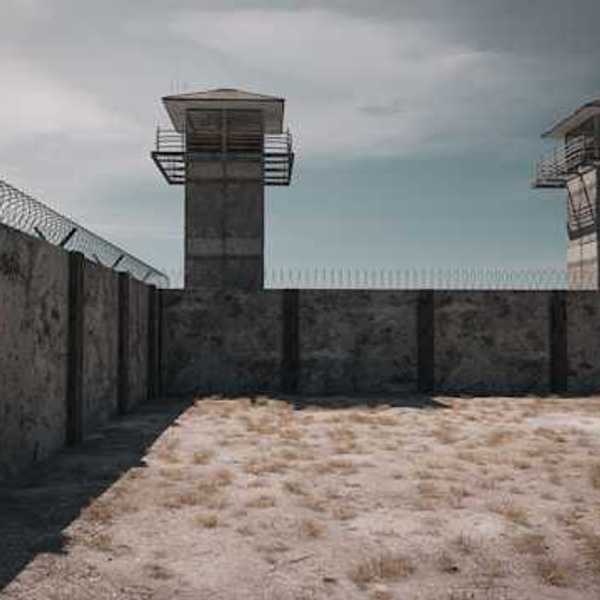 A prison wall with barbed wire and guard towers