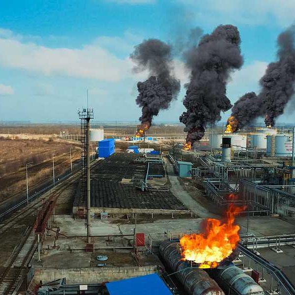 A refinery with flames and smoke emerging from equipment