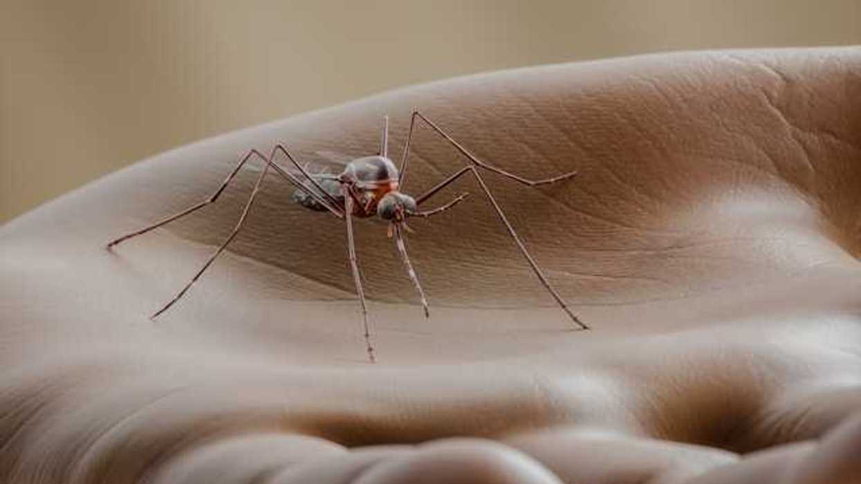 A rendering of a large mosquito in the palm of a human hand