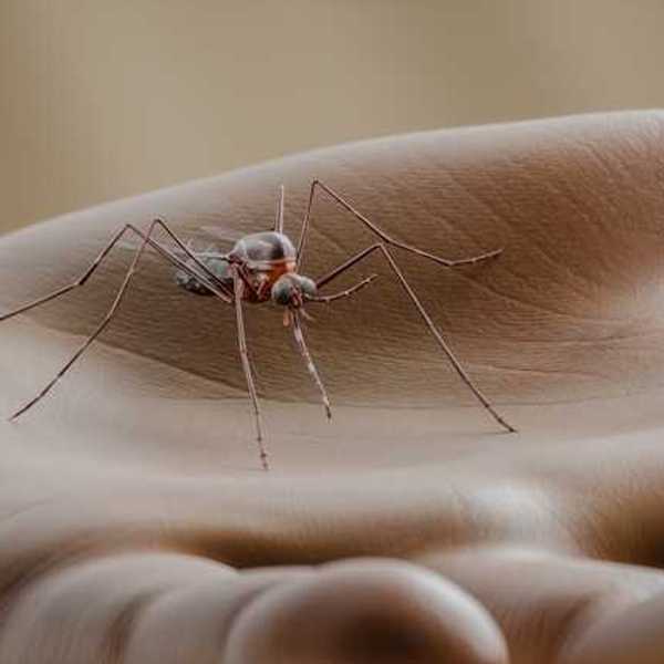 A rendering of a large mosquito in the palm of a human hand