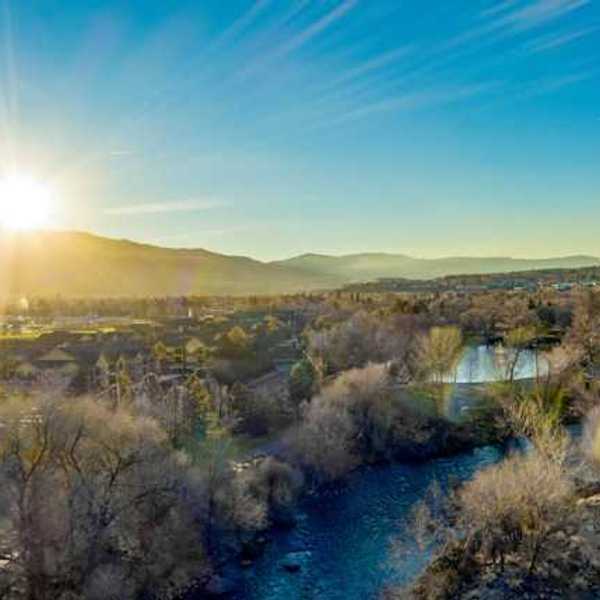 A river running through a valley town