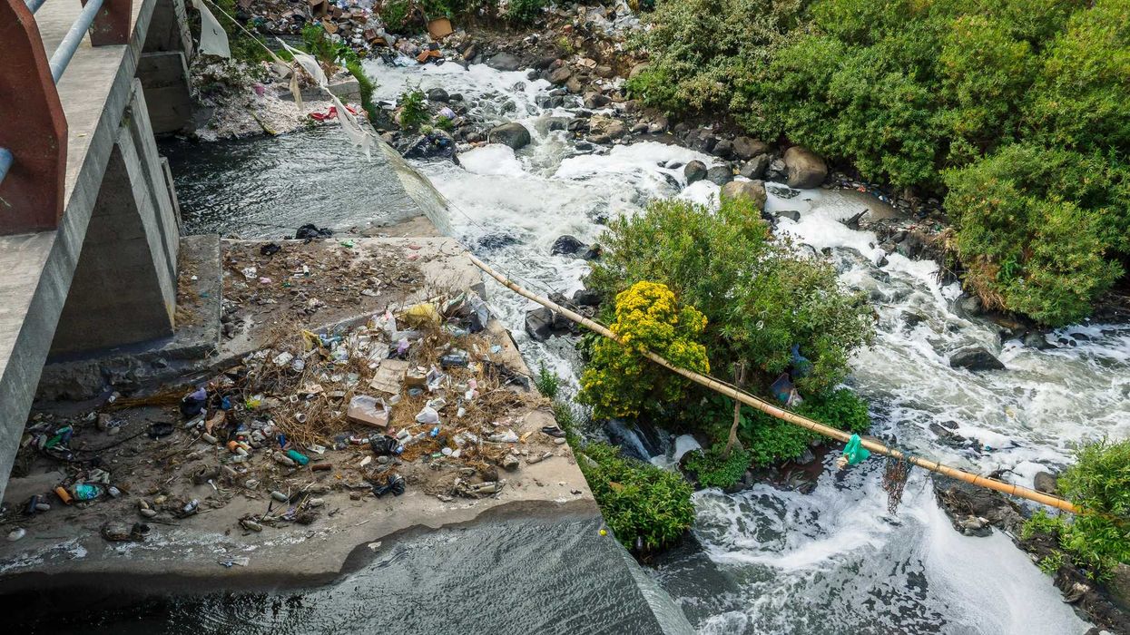 A river with trash along its banks flowing under a bridge.