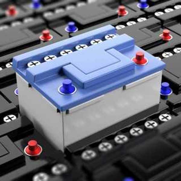 A row of black batteries with a blue battery rising in the center