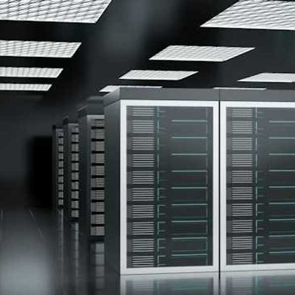 A row of dark data servers under fluorescent lighting