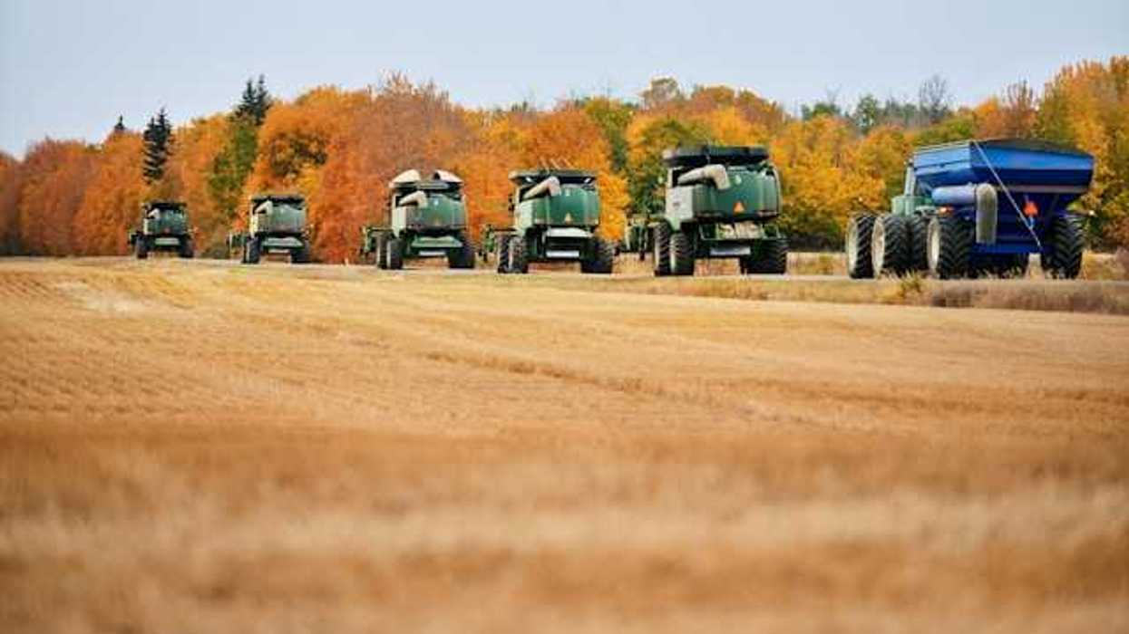A row of farm tractors on a field