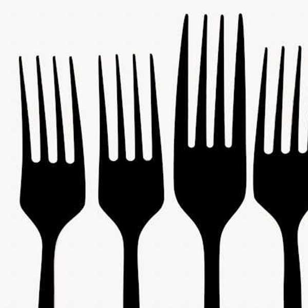 A row of forks against a white background