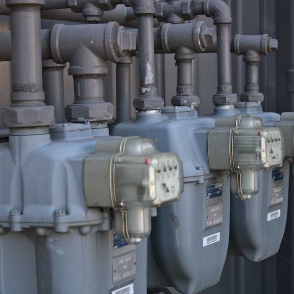 A row of gas meters mounted on outside of building