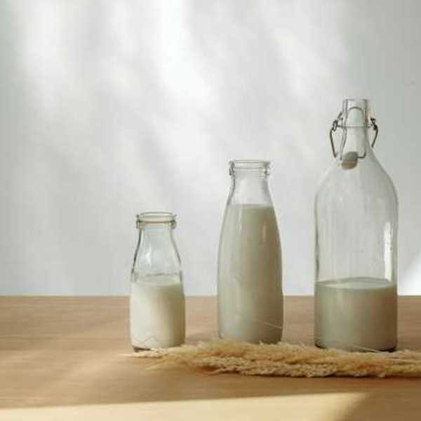 A row of glass jars with milk in them, with a sheaf of wheat in front of them