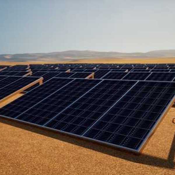 A row of solar panels in a desert environment