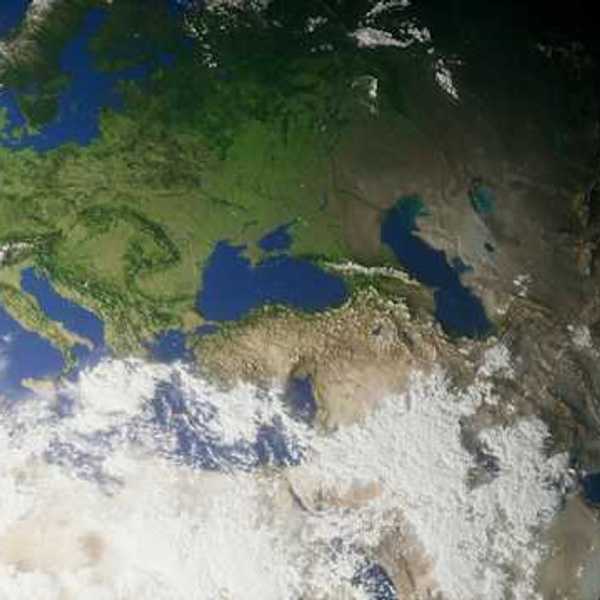 A satellite view of the Mediterranean and Northern Africa including the Caspian Sea to the east of the Black Sea