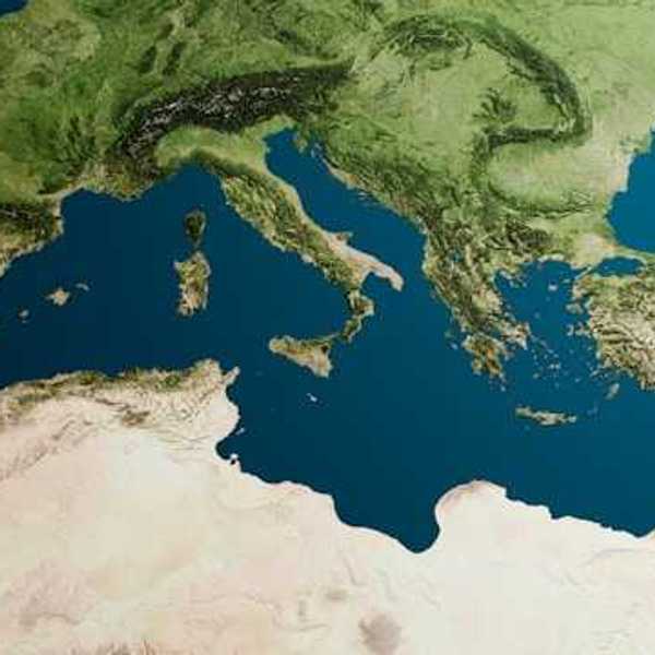 A satellite view of the Mediterranean sea showing north Africa and Europe